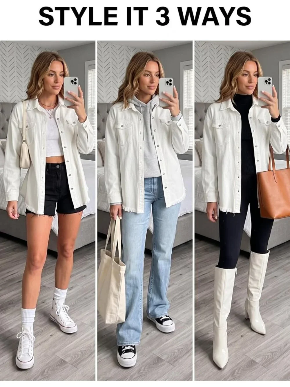 Women's White Denim Button Down Oversized Distressed Boyfriend Jean Jacket